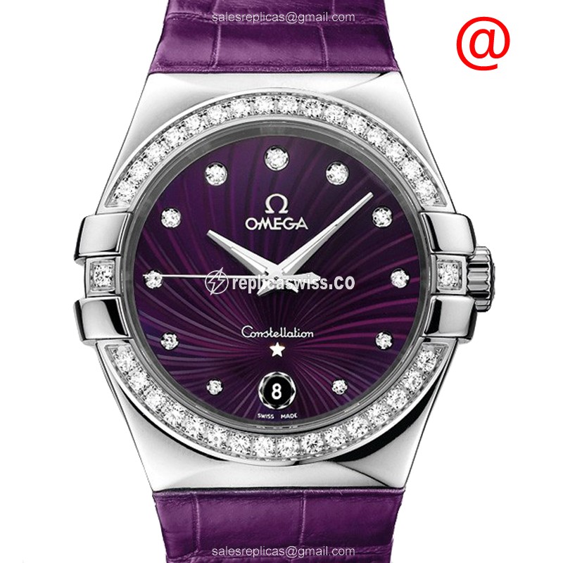 Omega Constellation 123.18.35.60.60.001 Replica | Purple Dial, Alligator Strap Watch
