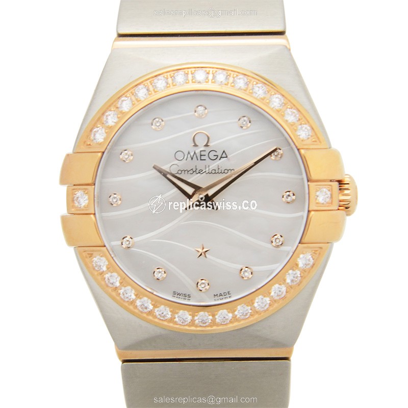 Omega Constellation 123.25.24.60.55.012 Replica | White Dial, 18kt Rose Gold Case & Diamond Bezels