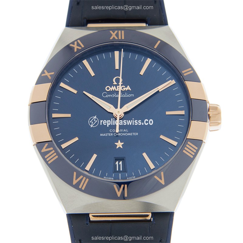 Omega Constellation Blue Dial Automatic, 18kt Rose Gold & Steel Case Alligator Strap Watch