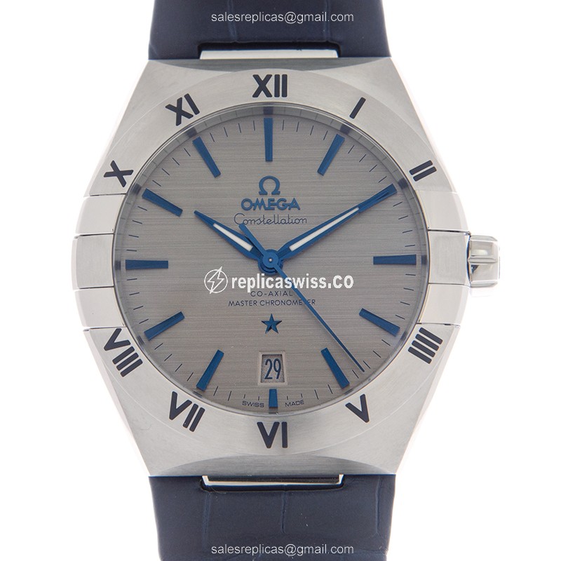 Omega Constellation Replica | Automatic Movement, Steel Case, Gray Dial, Blue Alligator Strap Watch