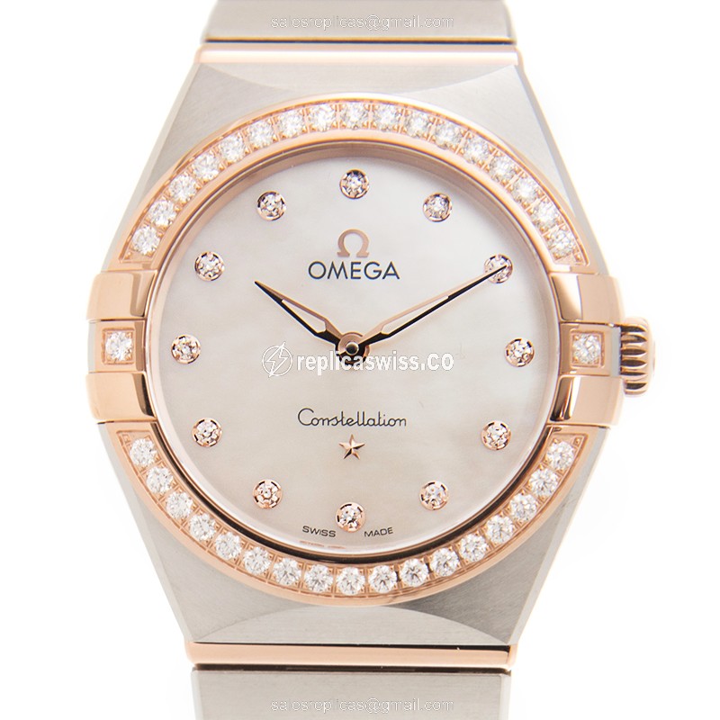 Omega Constellation Replica in 18kt Rose Gold, Quartz Movement, White Dial & Diamond Bezels Watch
