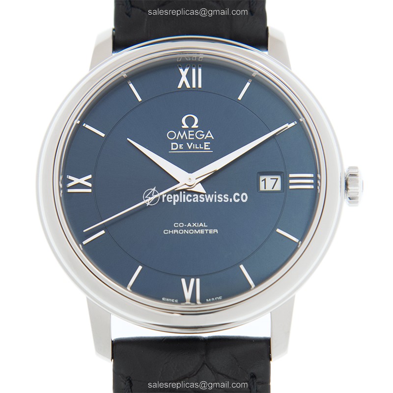 Omega De Ville Automatic Replica | Blue Dial, Stainless Steel Case & Black Alligator Strap Watch