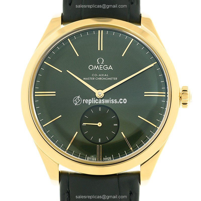 Omega De Ville Manual Wind Replica in 18kt Gold, Green Dial & Alligator Strap Watch
