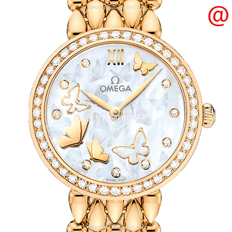 Omega De Ville Quartz Gold & Diamond Replica, 18kt Gold Case, White Dial Watch