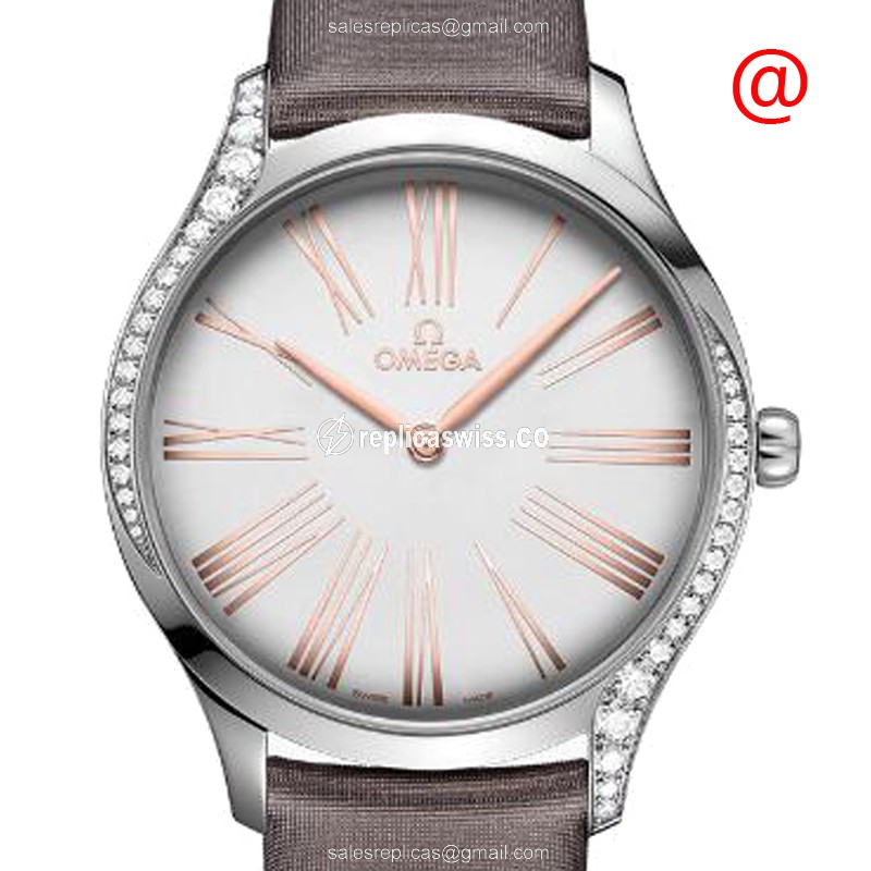 Omega De Ville Quartz Replica in Stainless Steel & Diamond Accents, Silver Dial Grey Leather