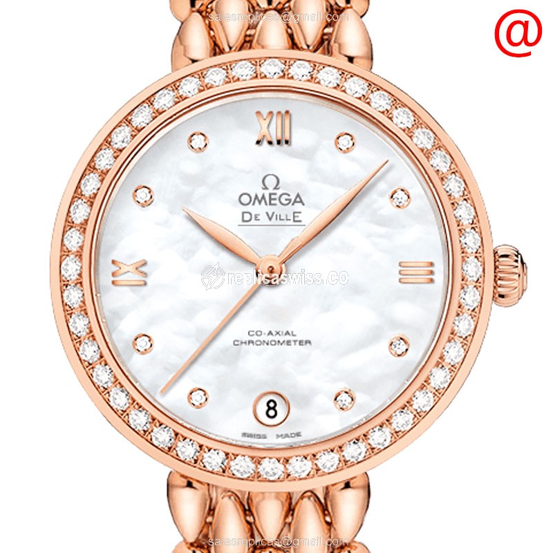 Omega De Ville Replica in 18kt Rose Gold, Automatic Movement & White Dial, Diamond Accents Watch