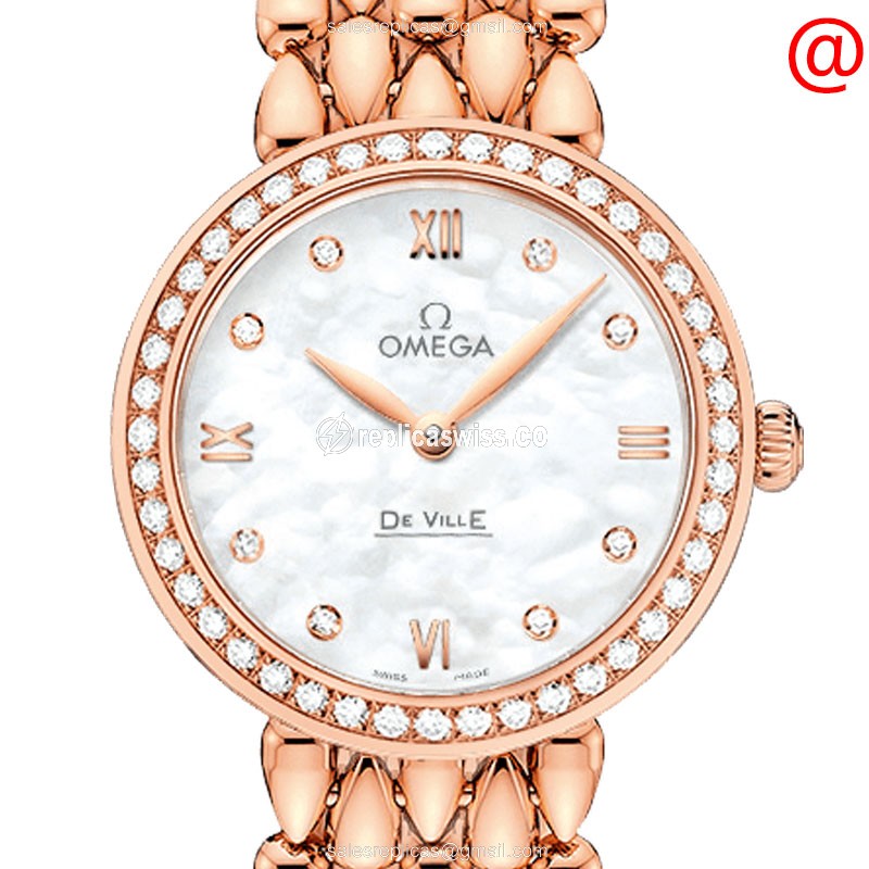 Omega De Ville Replica in 18kt Rose Gold, White Dial & Diamonds, Quartz Movement Watch