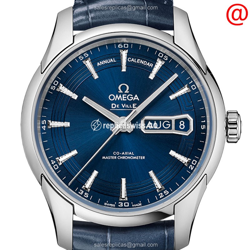 Omega De Ville Replica in Stainless Steel, Automatic Movement, Blue Dial & Leather Strap Watch