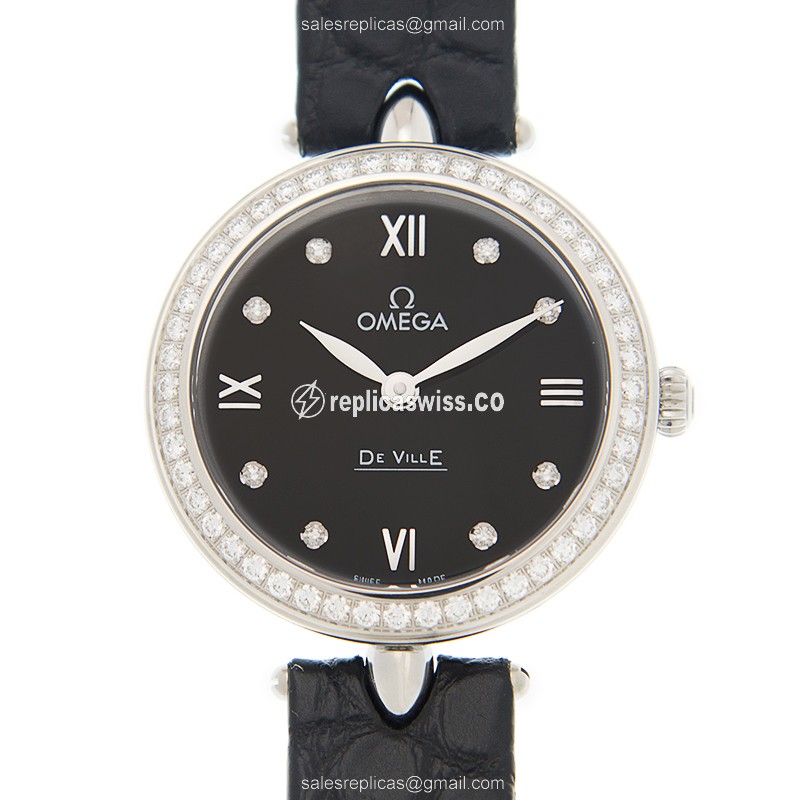 Omega De Ville Replica in Stainless Steel | Black Dial & Leather Strap Watch
