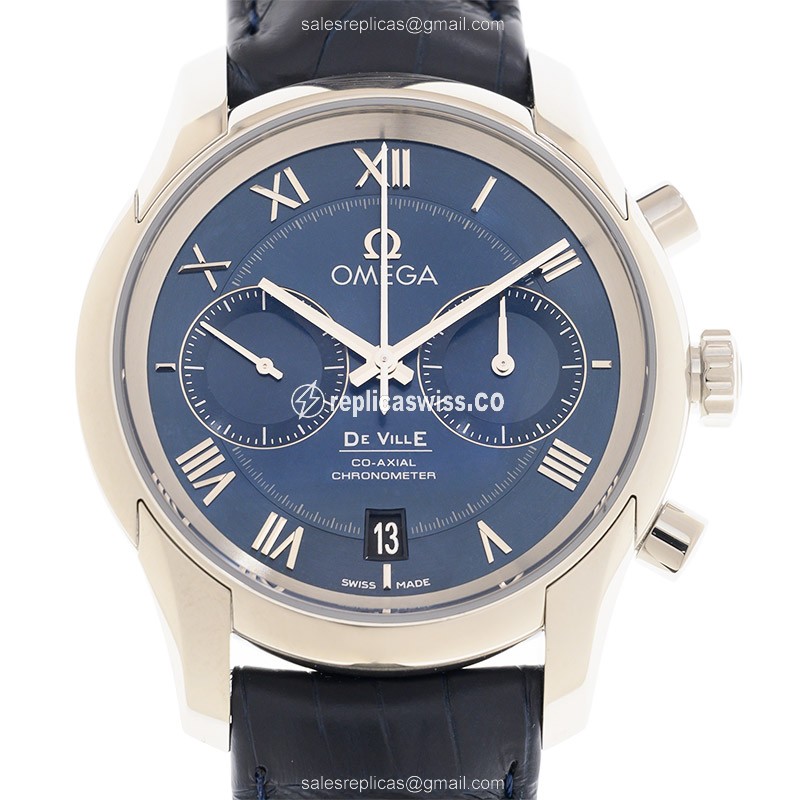 Omega De Ville Replica in Stainless Steel Blue Dial, Automatic Movement & Leather Band Watch