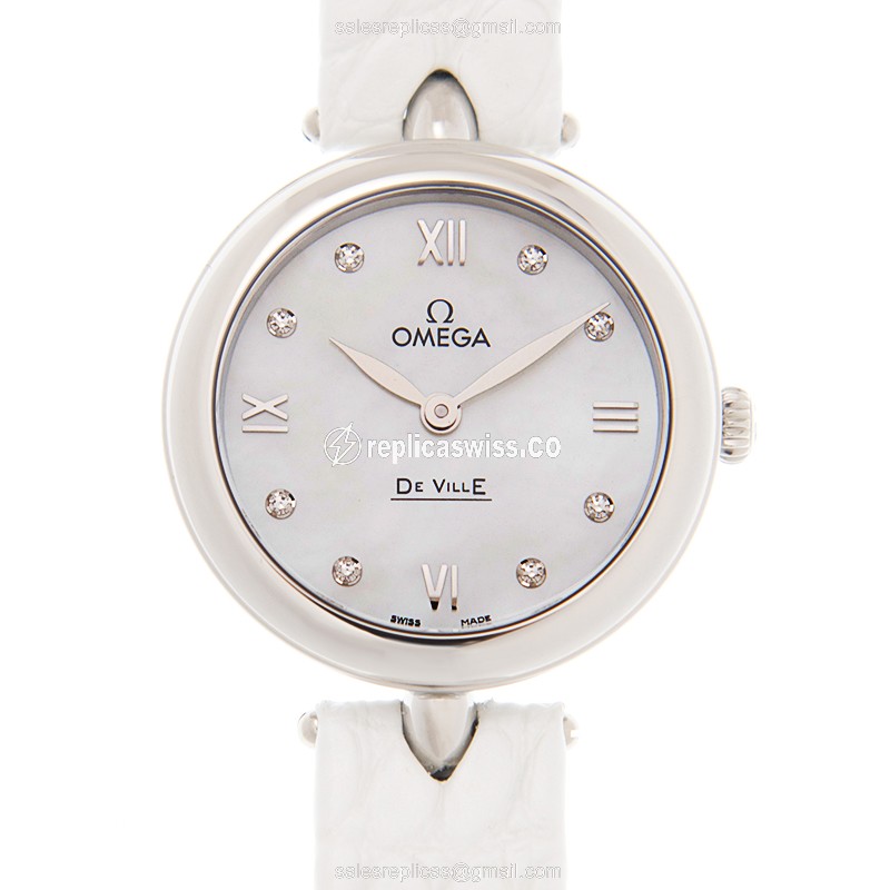 Omega De Ville Replica in Stainless Steel | White Dial & Leather Strap | Quartz Movement Watch