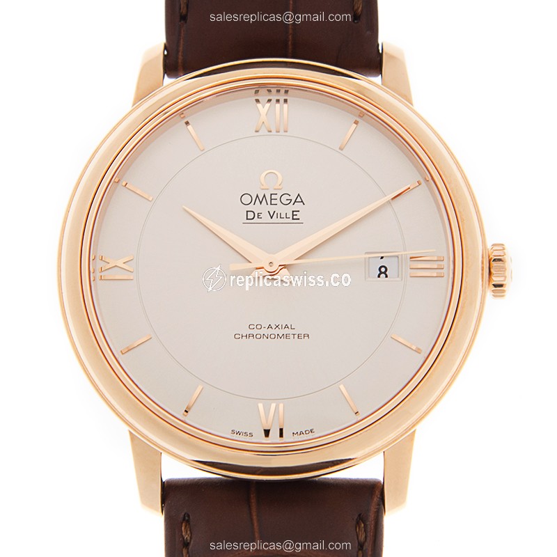 Omega DE VILLE Replica Watch | Automatic Movement | 18kt Silver Dial & Brown Leather Strap