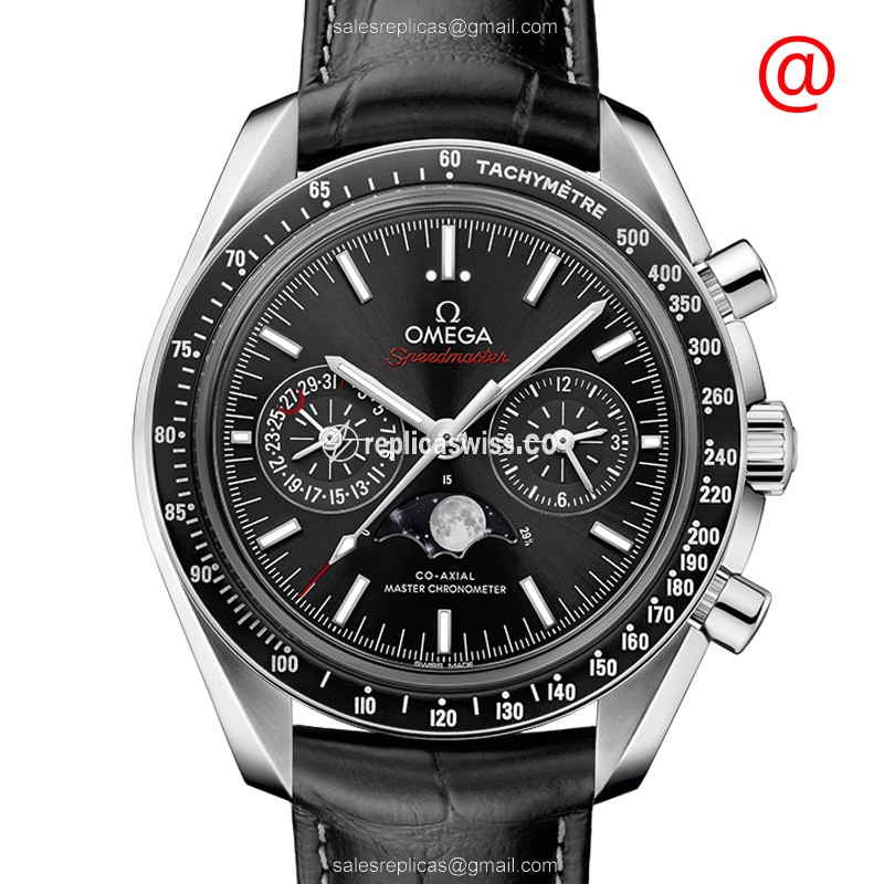 Omega SPEEDMASTER Black Dial Automatic Replica Watch | Leather Strap, Stainless Steel Case
