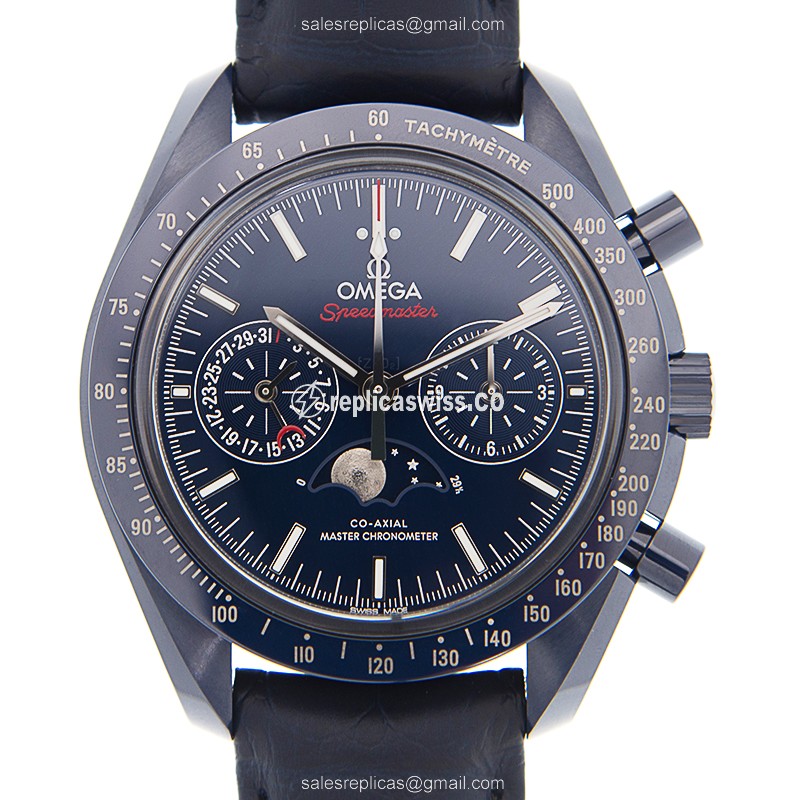Omega Speedmaster Ceramic Replica | Automatic Movement | Blue Dial & Leather Strap Watch