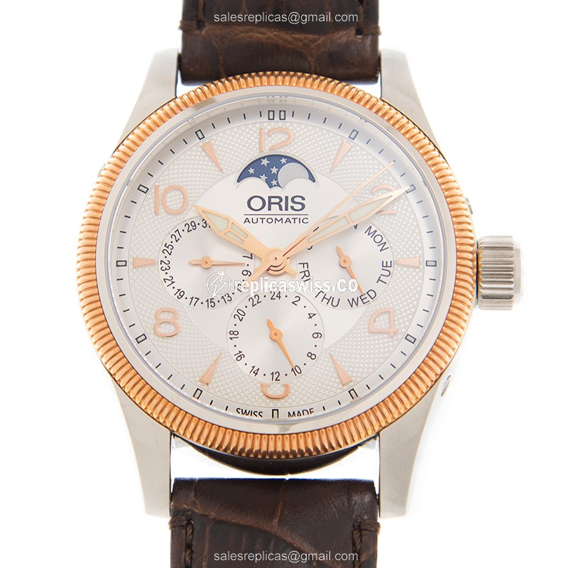 Oris 582 7678 4361 Aviation Replica Watch | Automatic Movement, Silver Dial, Brown Leather Strap