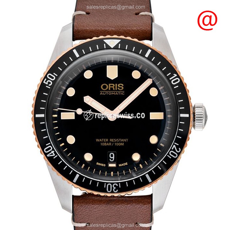 Oris 733 Divers Automatic Black Dial Watch | Stainless Steel Case, Brown Cowhide Strap