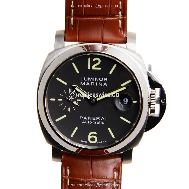 Panerai LUMINOR PAM00048 Replica, Automatic Movement, Black Dial, Alligator Brown Strap Watch
