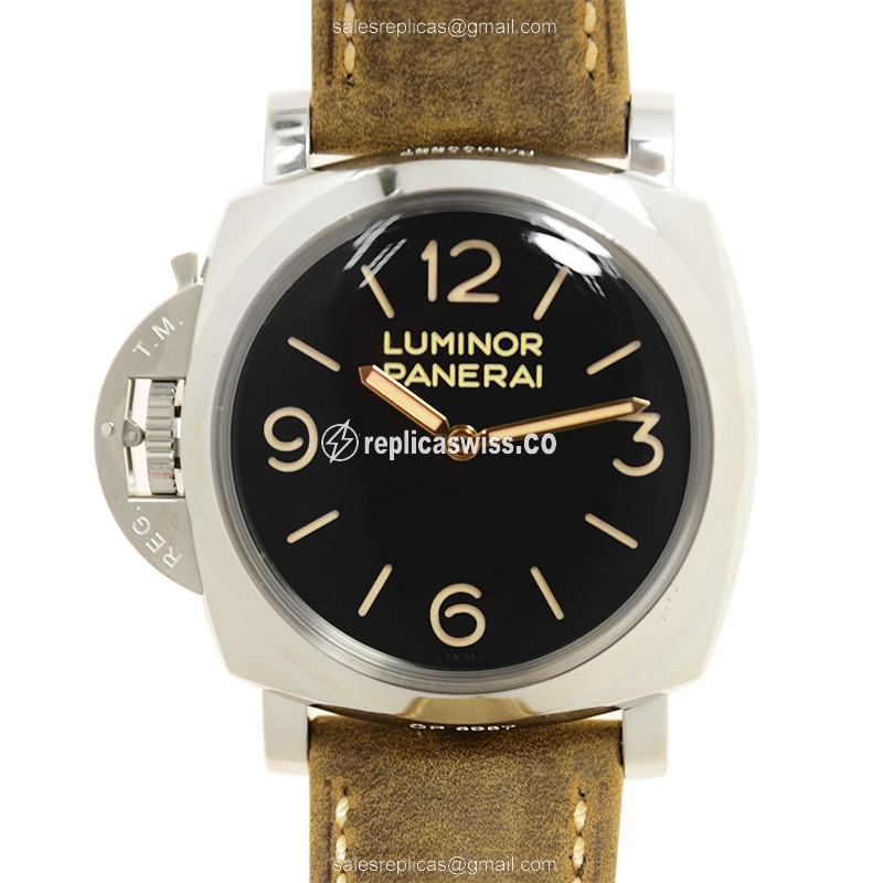 Panerai LUMINOR PAM00557 Steel Case Automatic Replica, Black Dial & Brown Cowhide Strap Watch