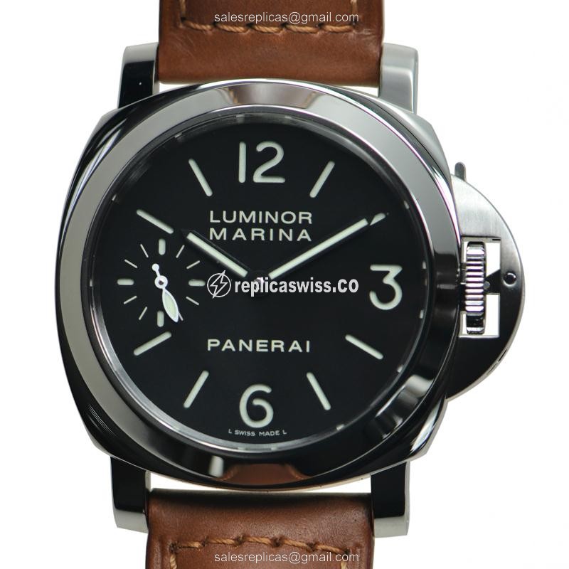 Panerai PAM00111 LUMINOR Steel Case Manual Wind Replica with Black Dial & Brown Cowhide Strap Watch