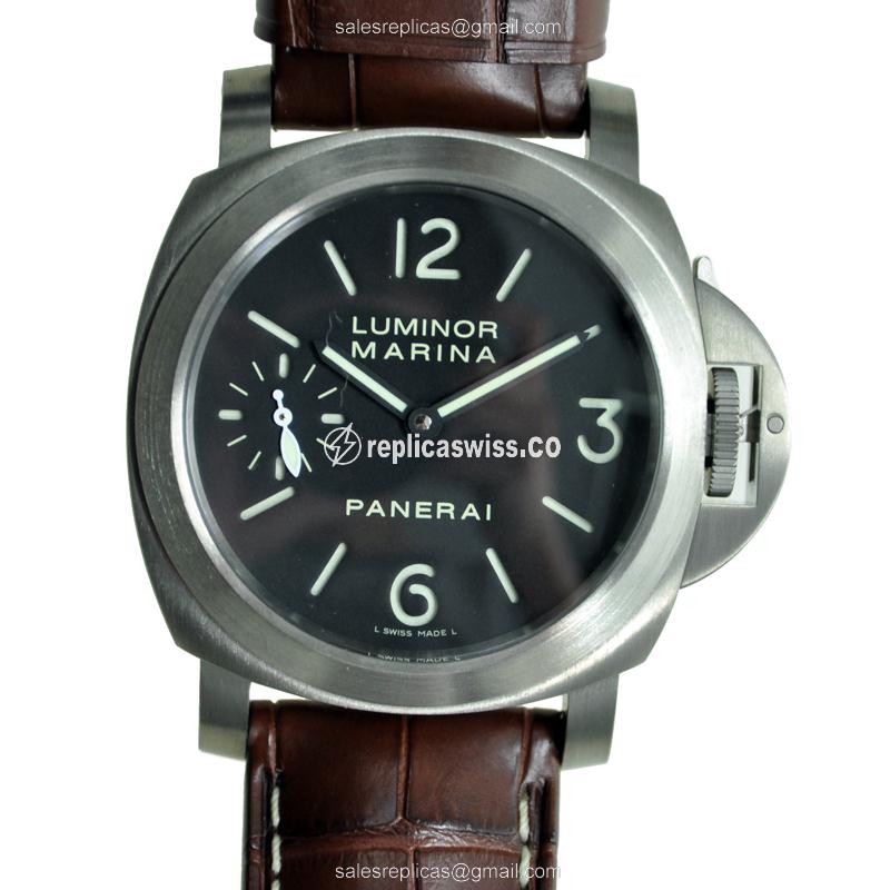 Panerai PAM00177 LUMINOR Titanium Replica, Manual Wind, Black Dial, Brown Alligator Strap Watch