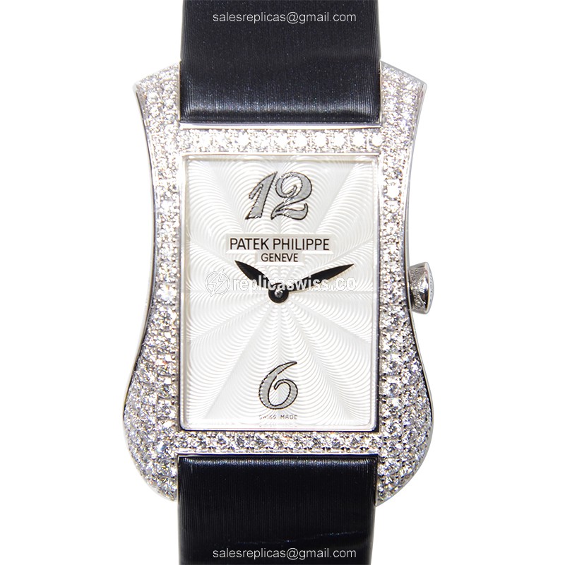 Patek Philippe 4973G-001 Gondolo Replica in 18kt White Gold, Silver Dial, Satin Black Strap