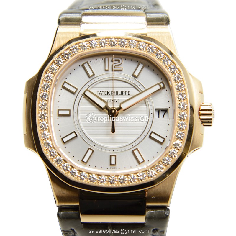 Patek Philippe 7010R-001 Nautilus Replica in 18kt Rose Gold, White Dial, Alligator Strap Watch
