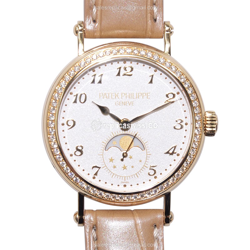 Patek Philippe 7121J-001 Replica, White Dial, Manual Wind, 18kt Gold, Alligator Brown Strap Watch