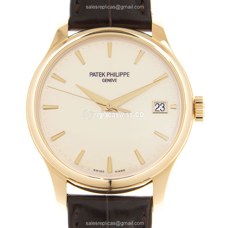 Patek Philippe Calatrava Replica | Automatic Movement, 18kt Beige Dial & Brown Alligator Strap Watch