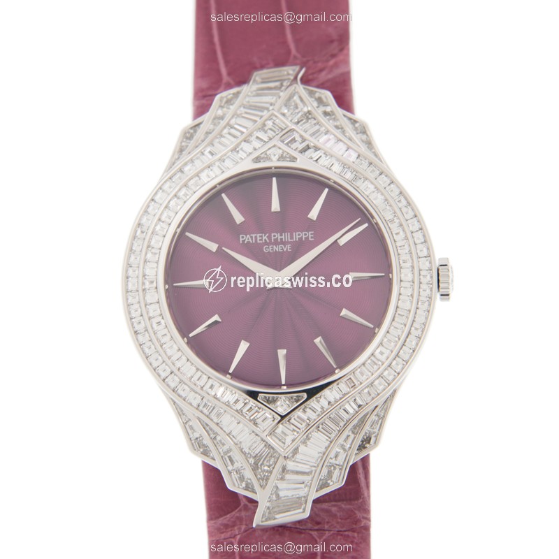 Patek Philippe Calatrava Replica in 18kt White Gold, Manual Wind Movement, Red Dial & Alligator
