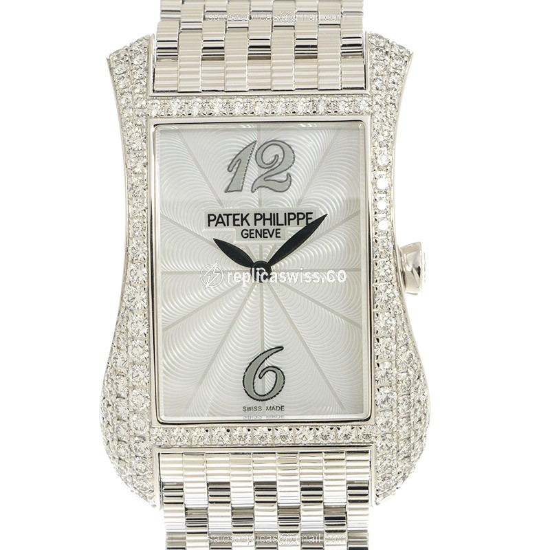 Patek Philippe Gondolo Quartz Replica in 18kt White Gold, Exquisite Diamond Accents & Silver Clasp