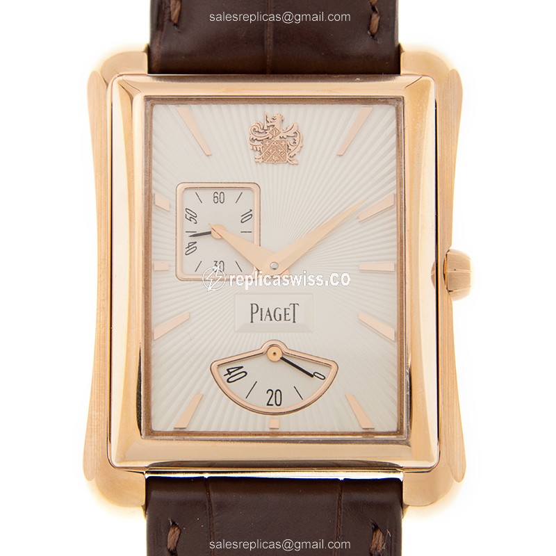 Piaget G0A33070 EMPERADOR Automatic Replica in 18kt Rose Gold, Silver Dial & Brown Alligator strap