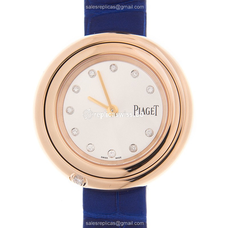 Piaget POSSESSION G0A43081 Replica, White Dial, 18kt Rose Gold Case, Alligator Blue Strap Watch