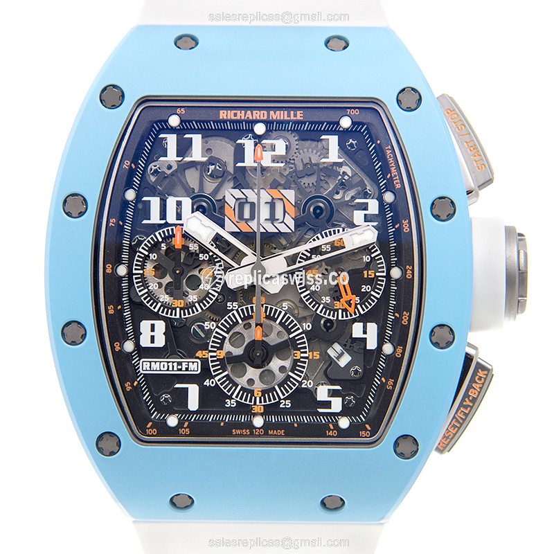 Richard Mille RM011-TI-ATZ-B: Automatic Ceramic Case, Silver Dial, White Rubber Strap Watch