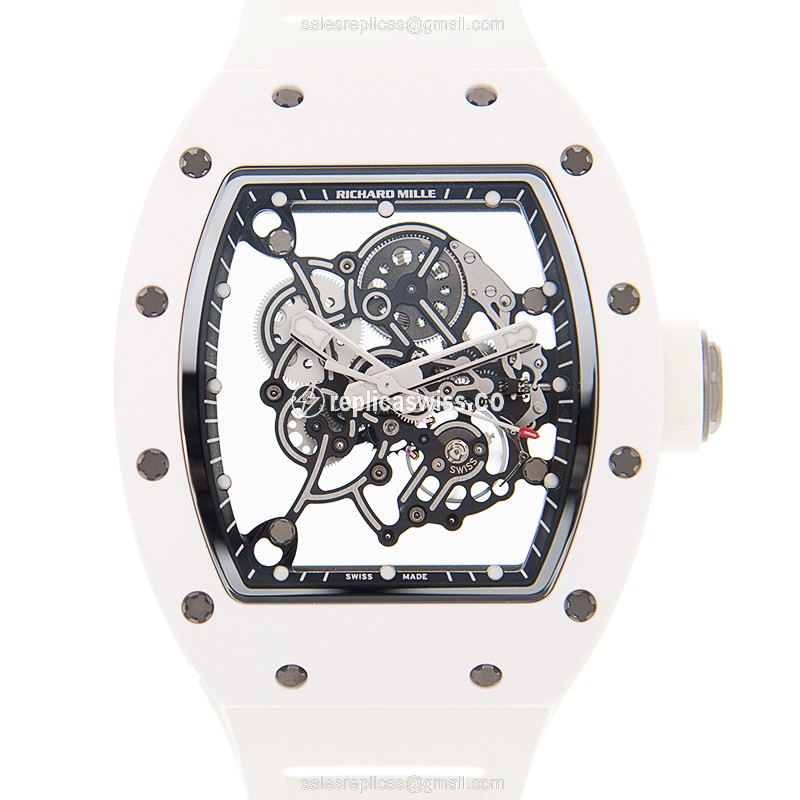 Richard Mille RM055 Man Series Skull Dial Automatic Watch, Ceramic Case & White Rubber Strap
