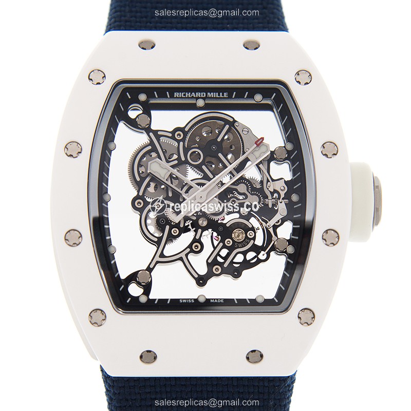 Richard Mille RM055 Skull Dial Ceramic Case, Automatic Movement, Blue Canvas Strap Watch
