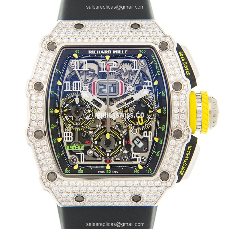 Richard Mille RM11-03 Replica in 18kt White Gold, Automatic Movement, Silver Dial & Black Leather
