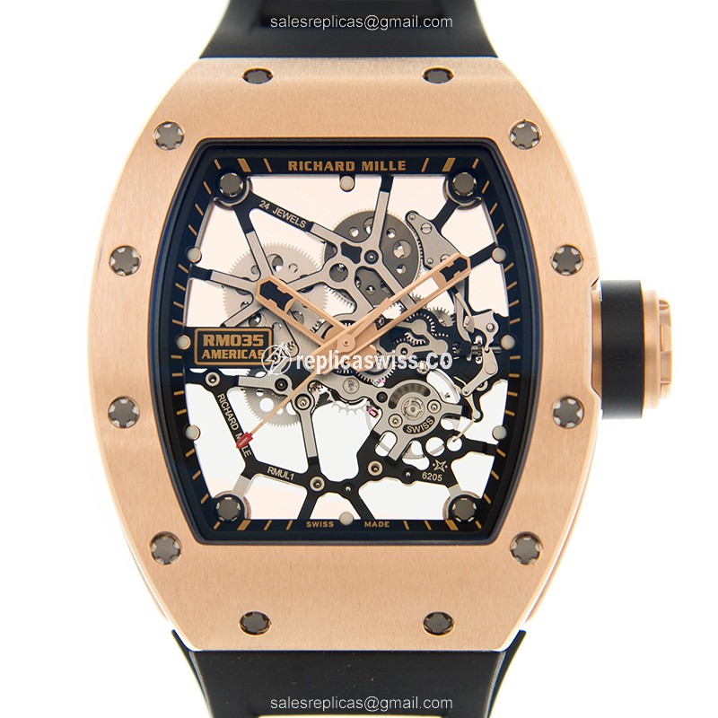 Richard Mille RM35 Skull Dial Automatic Watch in 18kt Rose Gold, Black Rubber Strap