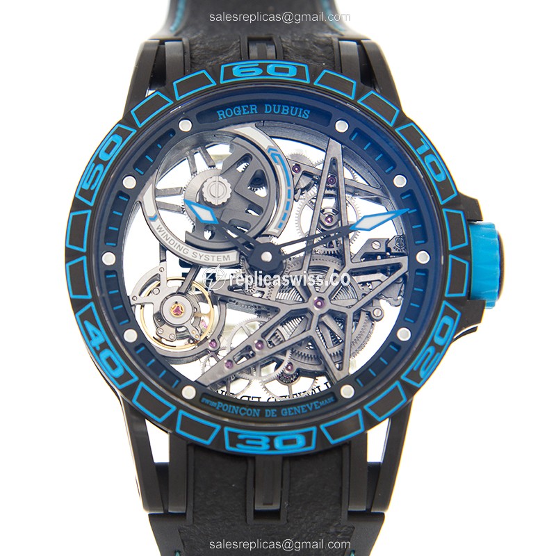 Roger Dubuis RDDBEX0696 Excalibur Automatic Titanium Replica, Skull Dial, Black Rubber Strap Watch