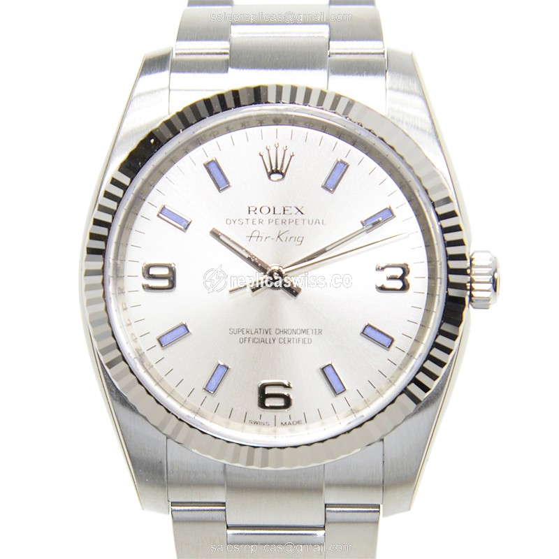 Rolex 114234SVBLBAR Oyster Perpetual Replica in White Dial Silver Steel Case Watch