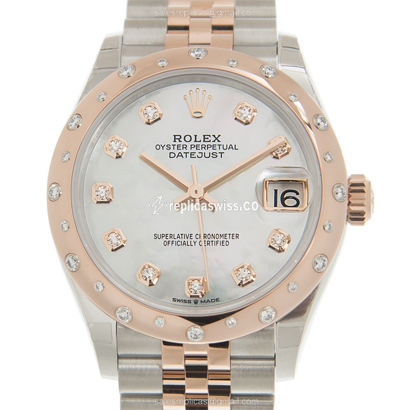 Rolex Datejust Replica in 18kt Pink Gold with Automatic Movement Sparkling Diamond Dial Watch