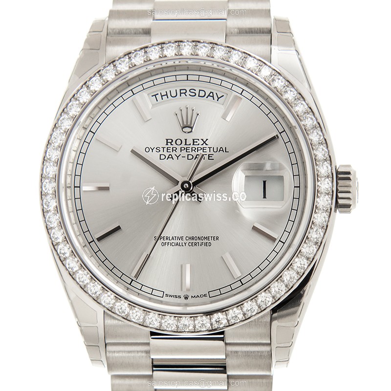 Rolex Day-Date 128349RBR-0001 — Silver Dial, 18kt Gold Case, Automatic Movement Watch