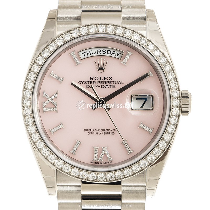 Rolex DAY-DATE 128349RBR-0008 Replica in Pink Dial & 18kt Gold Strap Watch