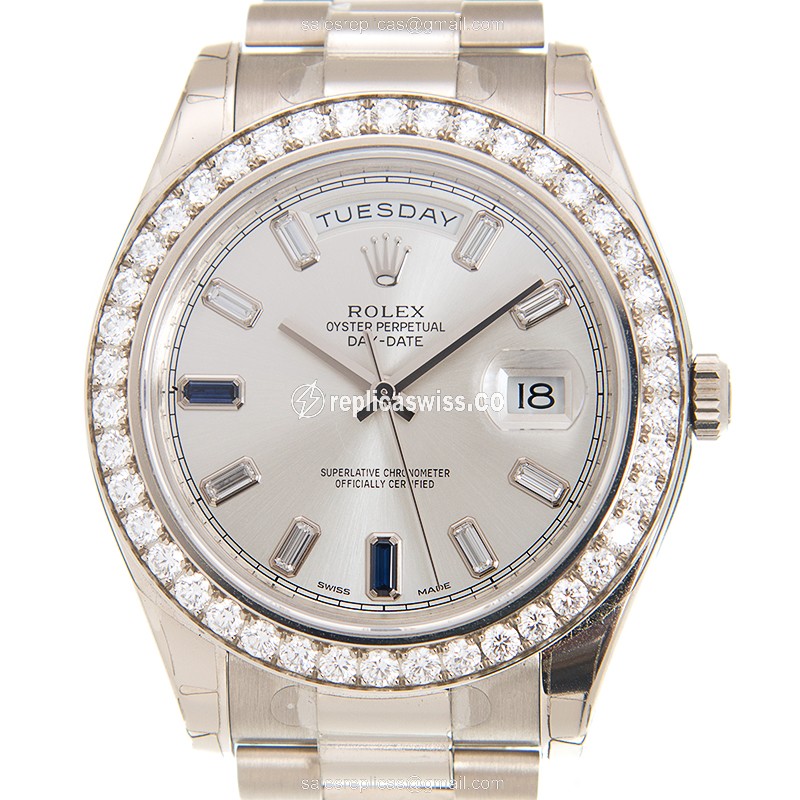 Rolex Day-Date 218349SV69BLDIA Replica in 18kt Gold, Automatic Movement, Silver Dial Watch