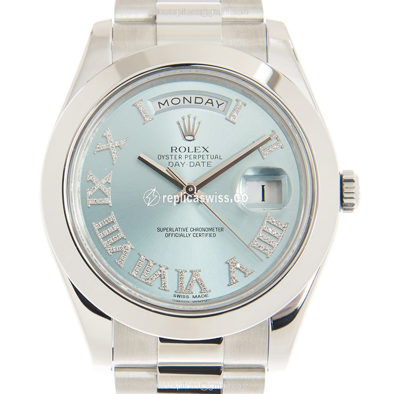 Rolex DAY-DATE Replica in 18kt Gold Blue Dial, Automatic Movement Silver Strap Watch