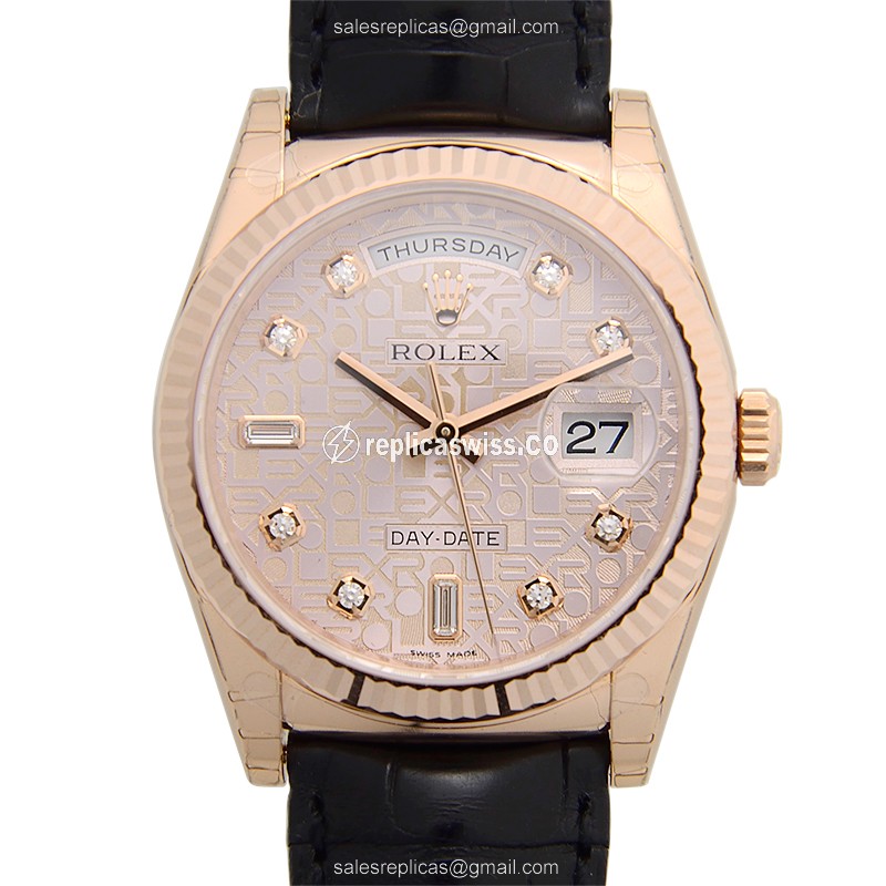 Rolex DAY-DATE Replica in Pink Gold & Automatic Movement | Leather Strap Watch