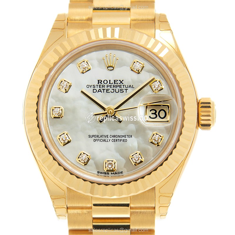 Rolex Lady Datejust Replica in 18kt Gold Case & White Dial, Automatic Movement Watch