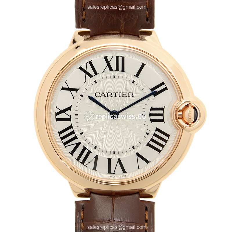 Sleek Cartier Ballon Bleu Replica in 18kt Rose Gold, Silver Dial, Alligator Strap, Manual Wind