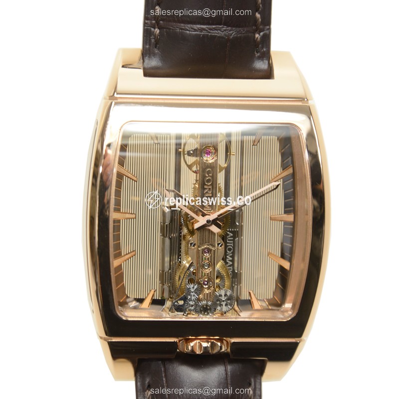 Sleek Corum Bridge Replica in 18kt Gold with Automatic Movement Alligator Brown Strap Watch