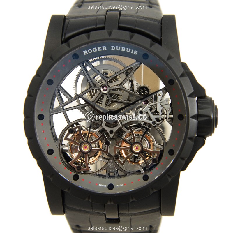 Sleek Roger Dubuis RDDBEX0364 Emporer Manual Wind钛金属腕表 | 骷髅面盘 | 黑色鳄鱼皮表带 Watch