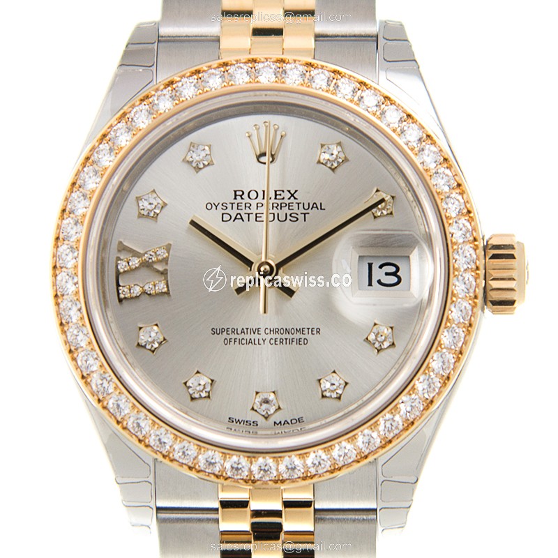 Sleek Silver Rolex Lady Datejust Replica, Automatic Movement, Gold Clasp, Sapphire Crystal Watch